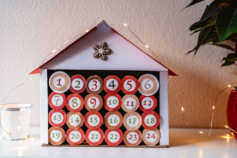 handmade advent calendar made from toilet paper rolls and carton