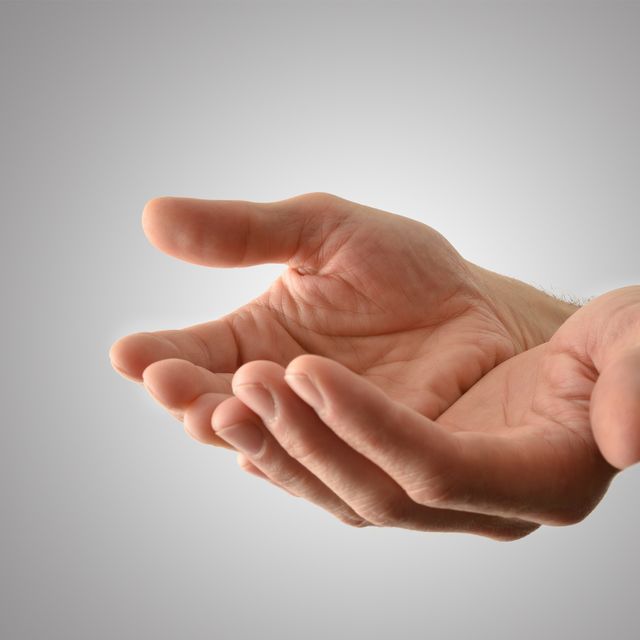 hands up with asking gesture with gray isolated background