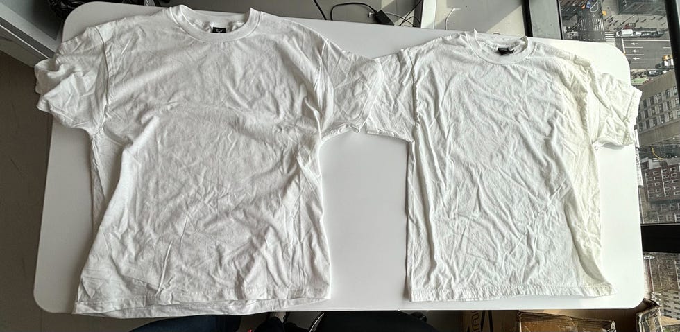 hanes beefy t before and after washing wrinkly laid on table