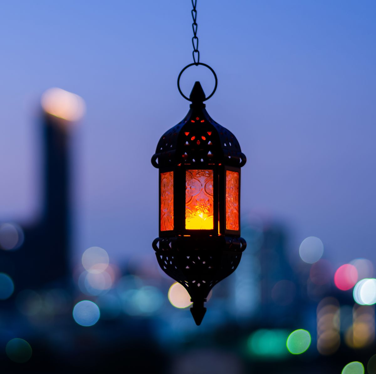 hanging lantern with night sky for the muslim feast of the holy month of ramadan kareem