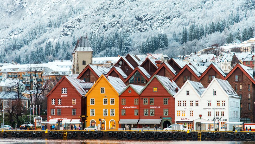 Hanseatic houses in Bryggen at winter.