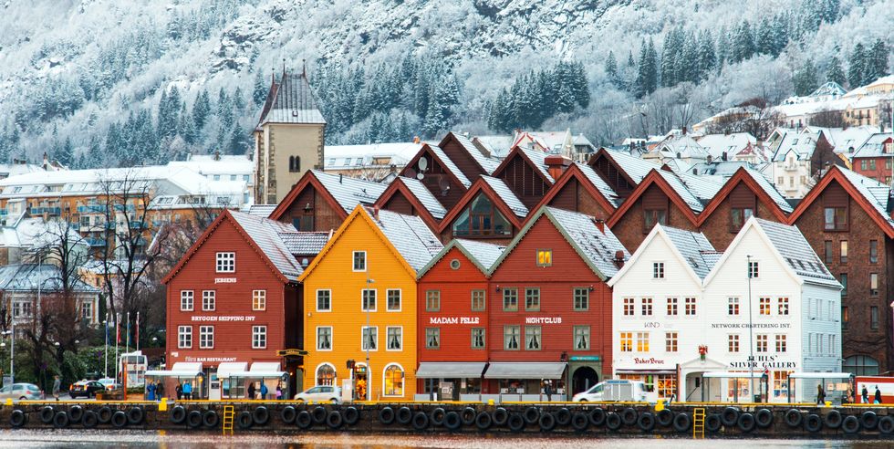 Hanseatic houses in Bryggen at winter.