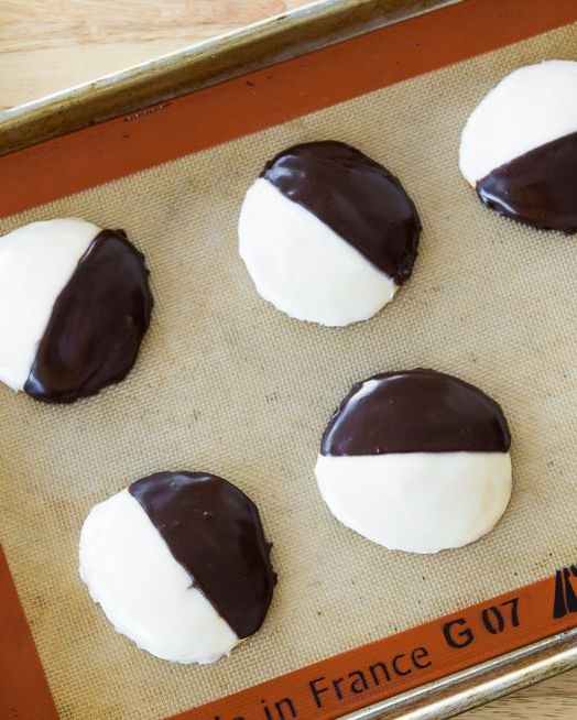 black and white cookies on sheet tray