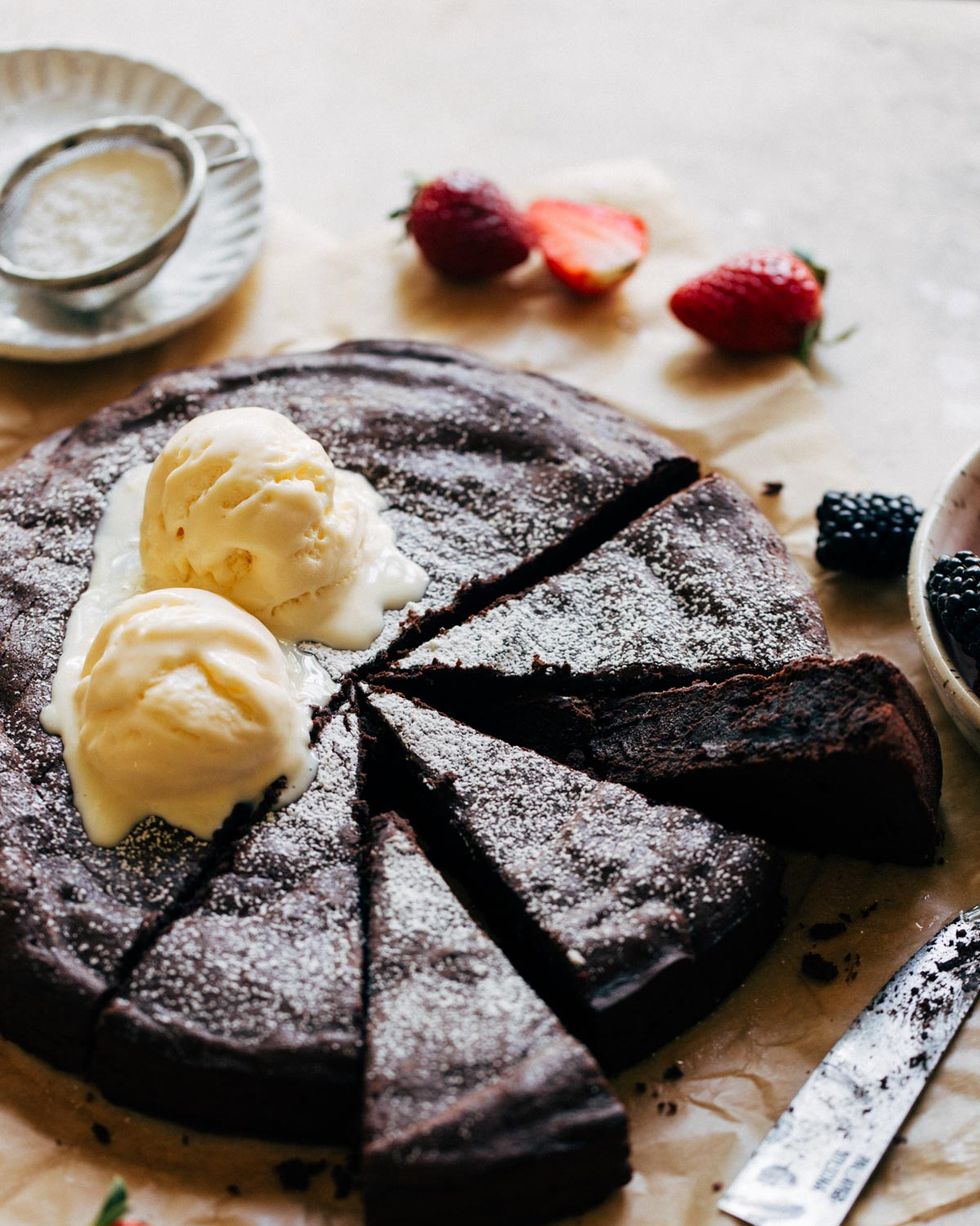 flourless olive oil chocolate cake with ice cream scoops