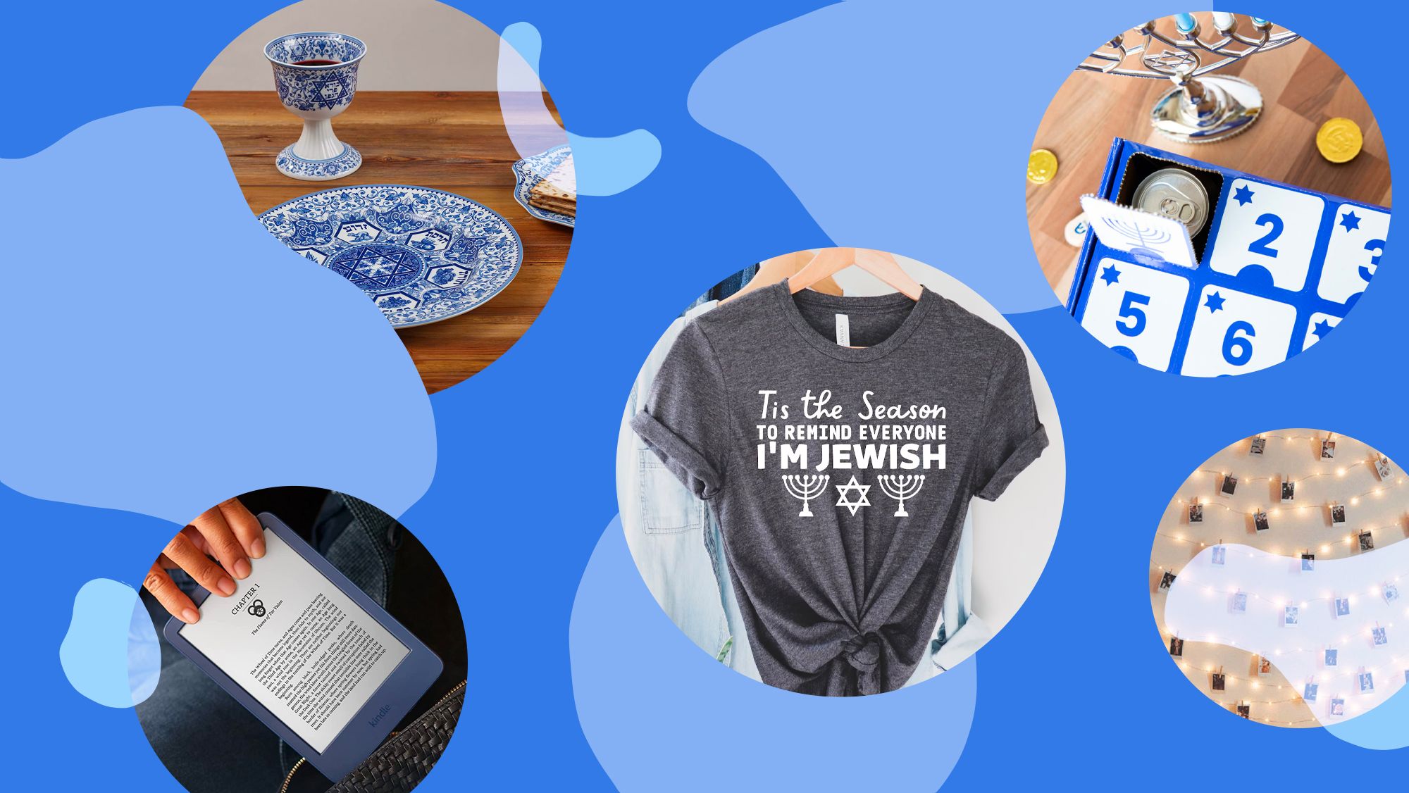 best hanukkah gifts including shirts, kindles, beer advent calendars, string lights, and 
spode judaica menorahs