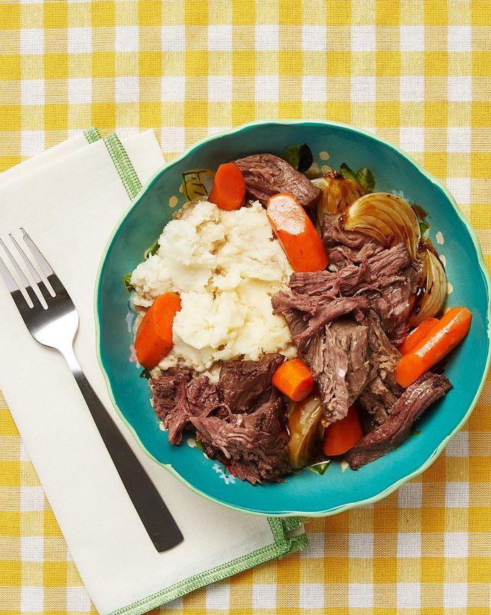 perfect pot roast in blue bowl yellow background