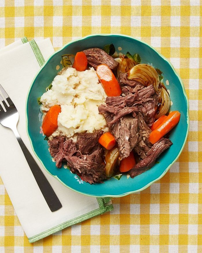 perfect pot roast in blue bowl yellow background