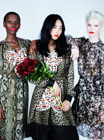 pure colour, painterly prints and perfect tailoringbazaarâ€™s choice of the most beautiful looks from the aw 14 showscentre model holding flowersfrom left herieth wears silk dress, from a selection gold and metal ring, about Â£260, both givenchy by riccardo tisci kwak wears crepe de chine dress, from about Â£4,790 rings, as before, all givenchy by riccardo tisci helena wears silk chiffon top, from about Â£1,500 matching skirt, from about Â£3,240 leather belt, from about Â£255 rings, as before, all givenchy by riccardo tisci