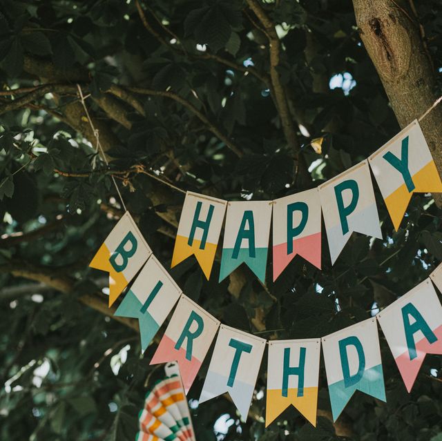 a 'happy birthday' banner hangs from a tree