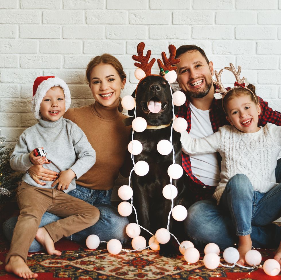 christmas card photo idea family with dog and props