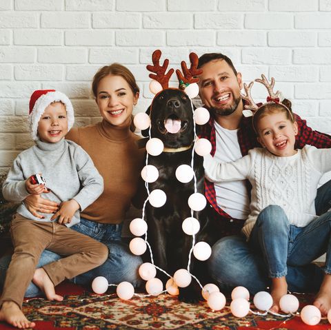 christmas card photo idea family with dog and props