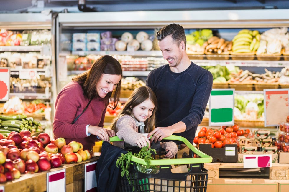 happy family grocery shopping in supermarket