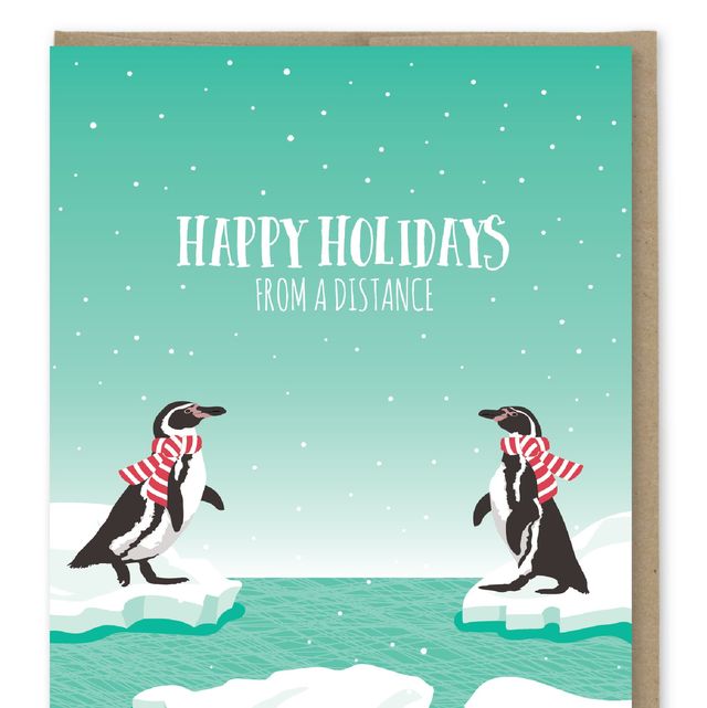 a card by rhode island based modern printed matter shows two penguins on distant slabs of ice, and reads, “happy holidays from a distance”
