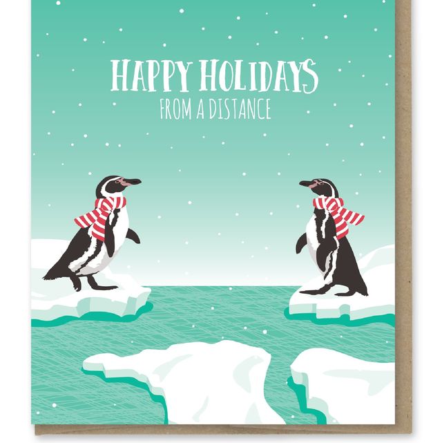 a card by rhode island based modern printed matter shows two penguins on distant slabs of ice, and reads, “happy holidays from a distance”