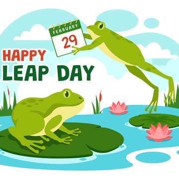 happy leap day vector illustration on 29 february with jumping frogs and pond background in holiday celebration flat cartoon design