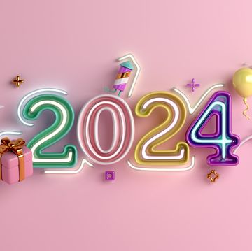 happy new year 2024 decoration background with neon glass, balloon, gift box, 3d rendering illustration