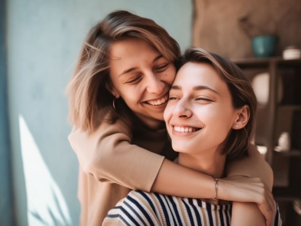 happy woman embracing female partner with closed eyes while standing in a room