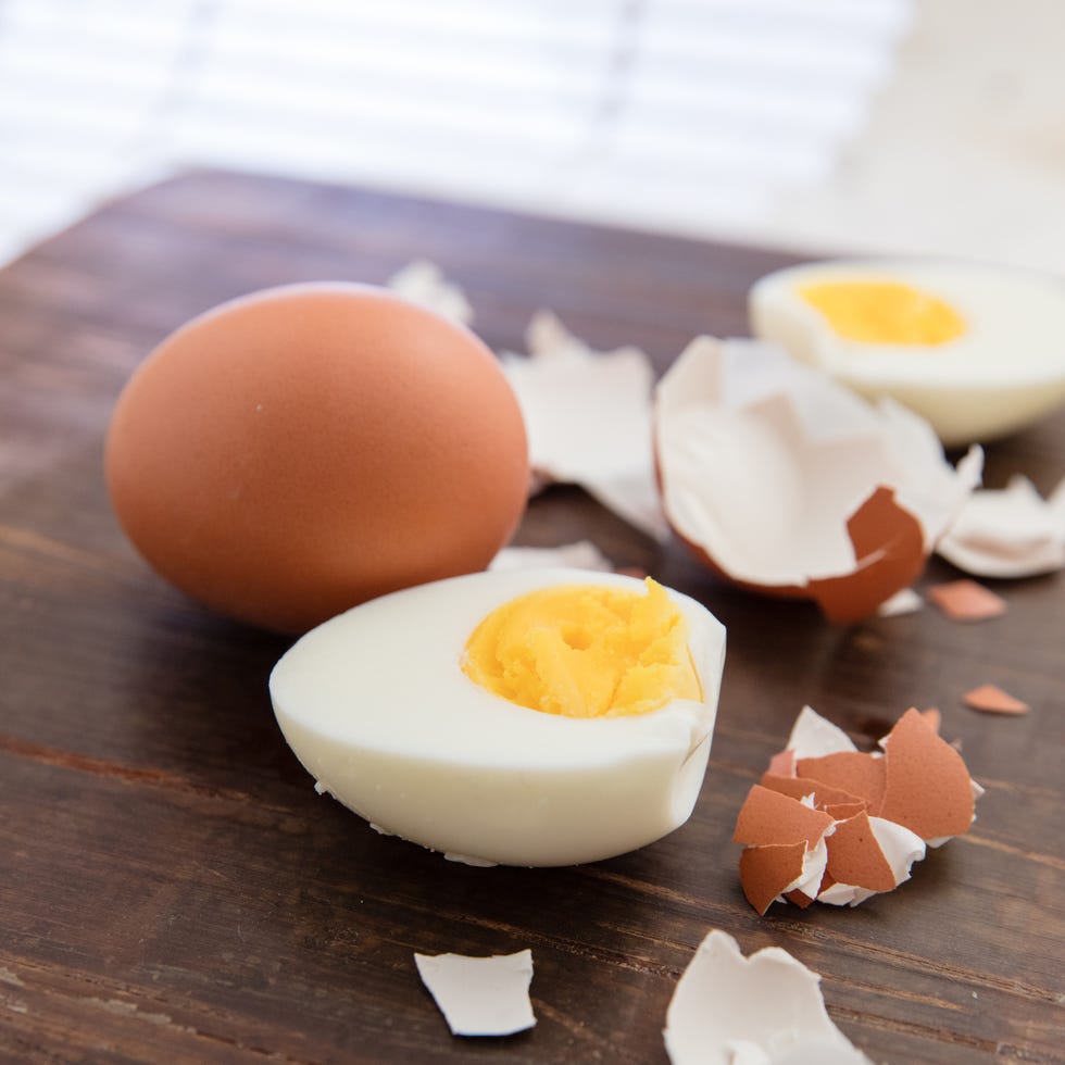 hard boiled eggs on a wooden cutting board