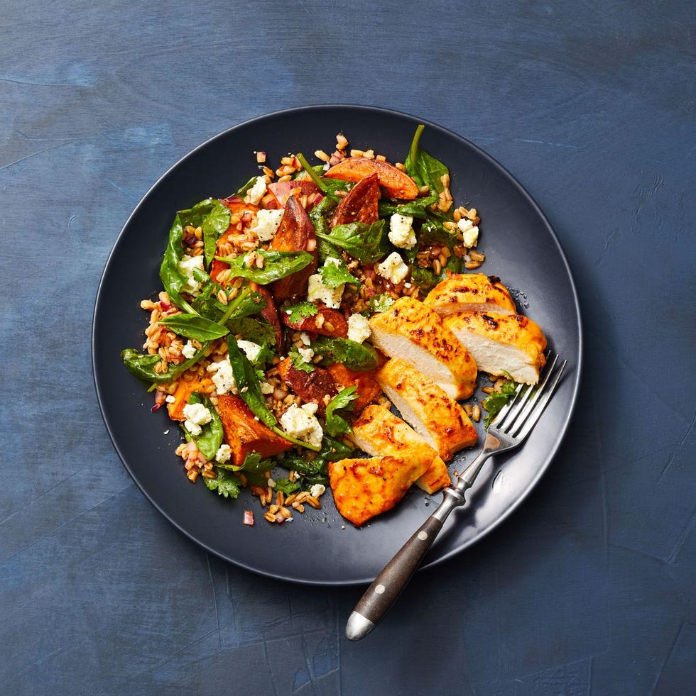 harissa chicken and farro salad on a plate