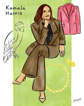 a woman is depicted sitting in a brown suit