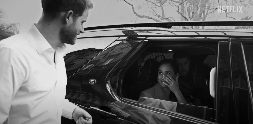 harry and meghan trailer meghan crying in car