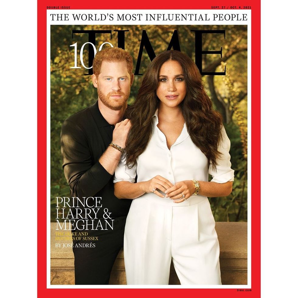 a man and woman posing for a picture, prince harry and meghan markle on time magazine cover