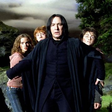 a still from harry potter and the prisoner of azkaban, featuring hermione, ron, snape and harry