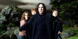 a still from harry potter and the prisoner of azkaban, featuring hermione, ron, snape and harry