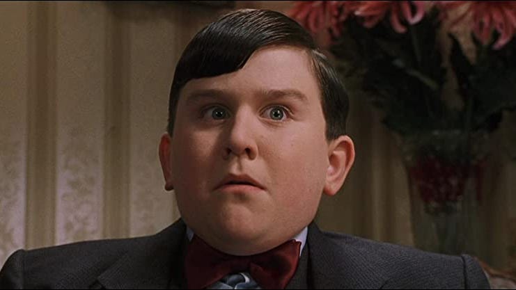 in a scene from harry potter and the chamber of secrets, dudley dursley, played by harry melling, looks shocked