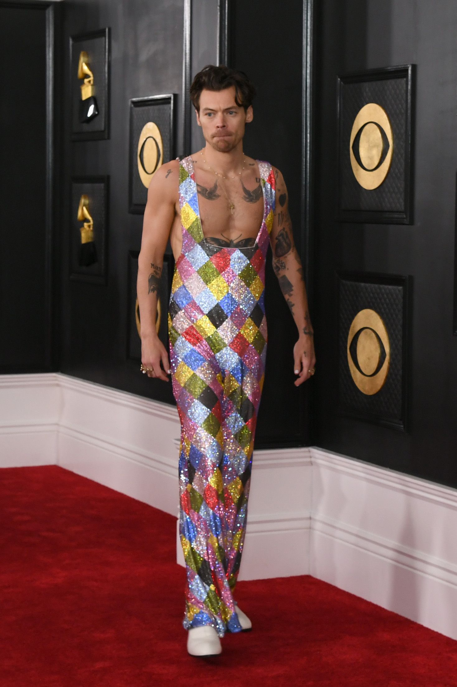 Red Carpet Pics of Harry Styles's Shirtless Overalls at the 2023 Grammys
