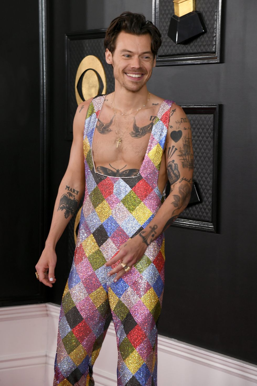 Harry Styles Wore Rainbow Jumpsuit on the 2023 Grammys Red Carpet