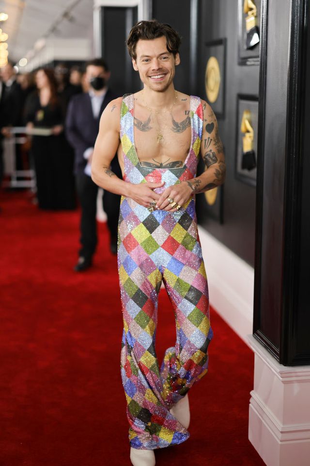 Harry Styles Wore Rainbow Jumpsuit created with a tonne of Swarovski crystals on the 2023 Grammys Red Carpet