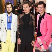 singer harry styles in multiple different colored suits