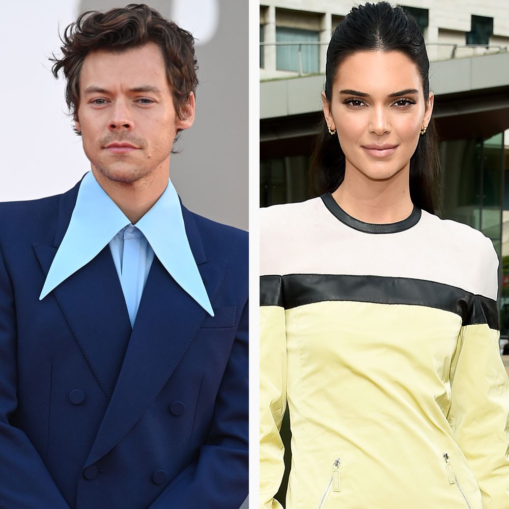 side by side collage of harry styles and kendall jenner