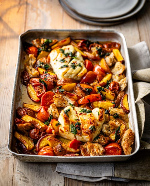 halloumi and peach traybake recipe