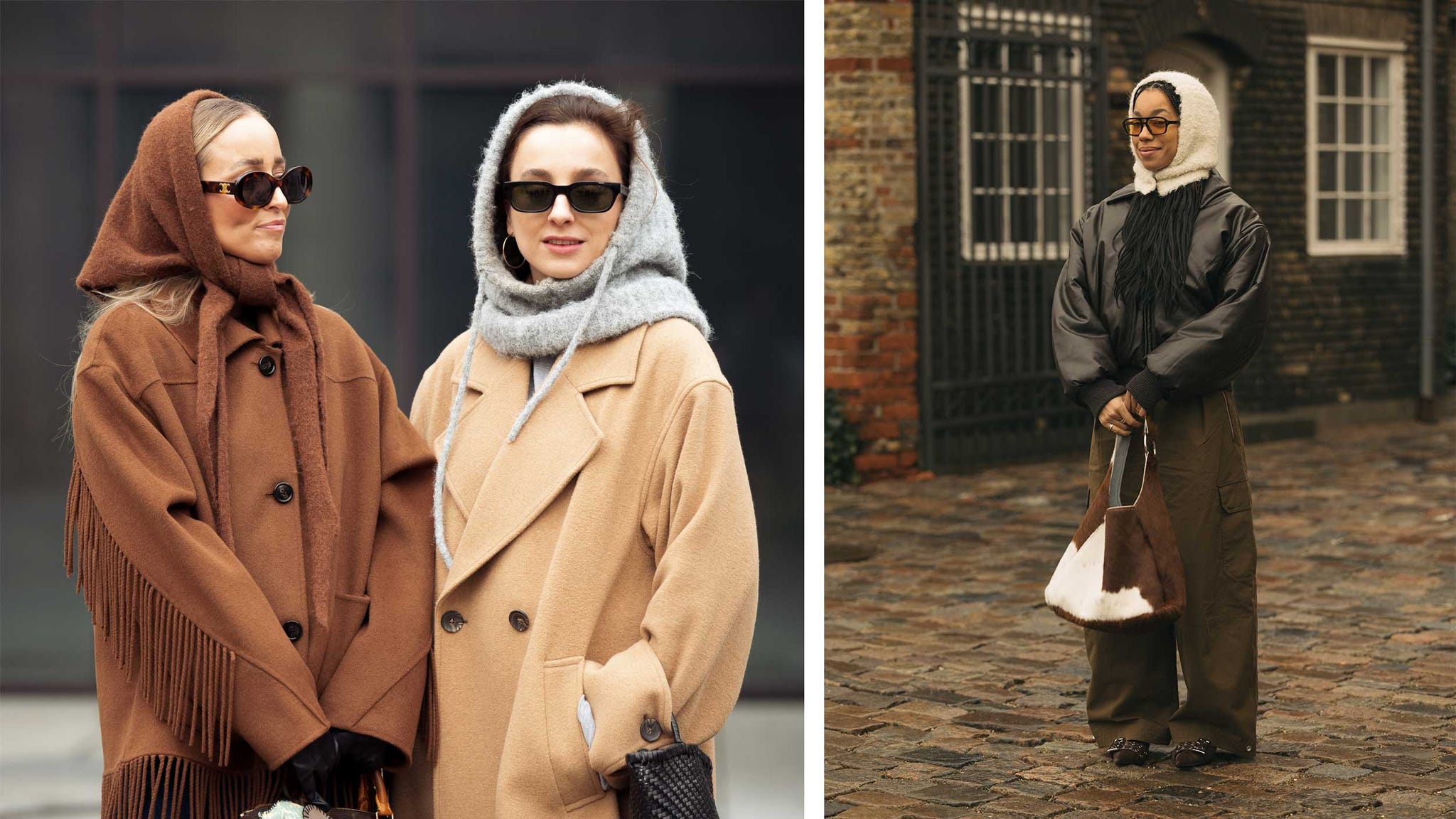 Two women in stylish winter outfits along with another individual in fashionable clothes