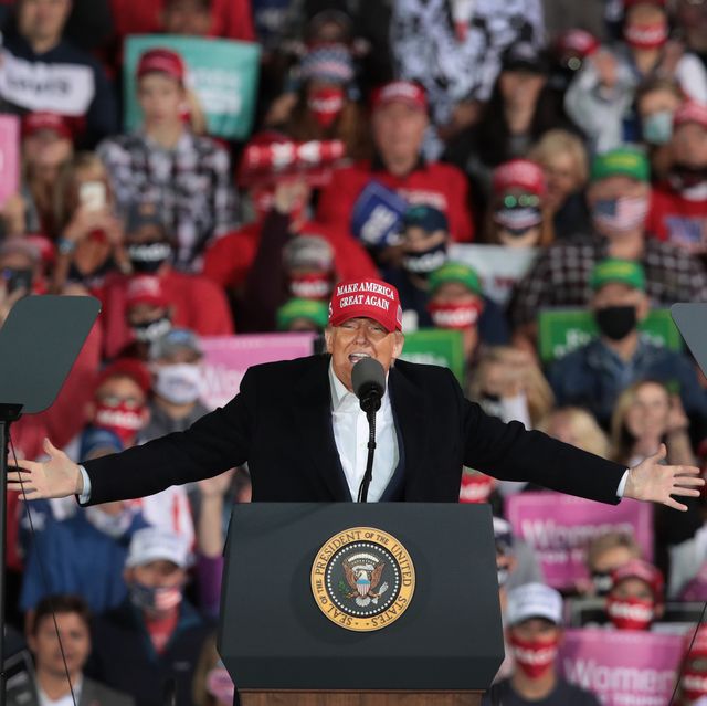des moines, iowa   october 14 president donald trump speaks to supporters during a rally at the des moines international airport on october 14, 2020 in des moines, iowa according to a recent poll trump leads former vice president joe biden by 6 points in the state    photo by scott olsongetty images