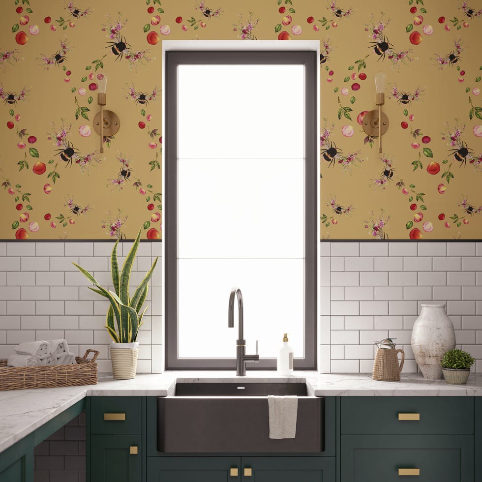 modern kitchen with anthracite grey window, surrounded by golden floral wallpaper