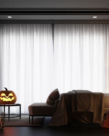 hotel room decorated for halloween