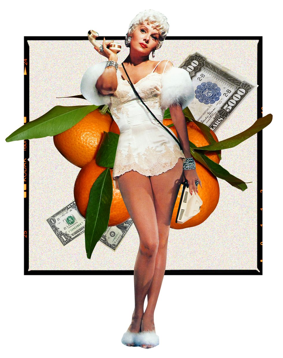 collage of woman on the phone with money and oranges