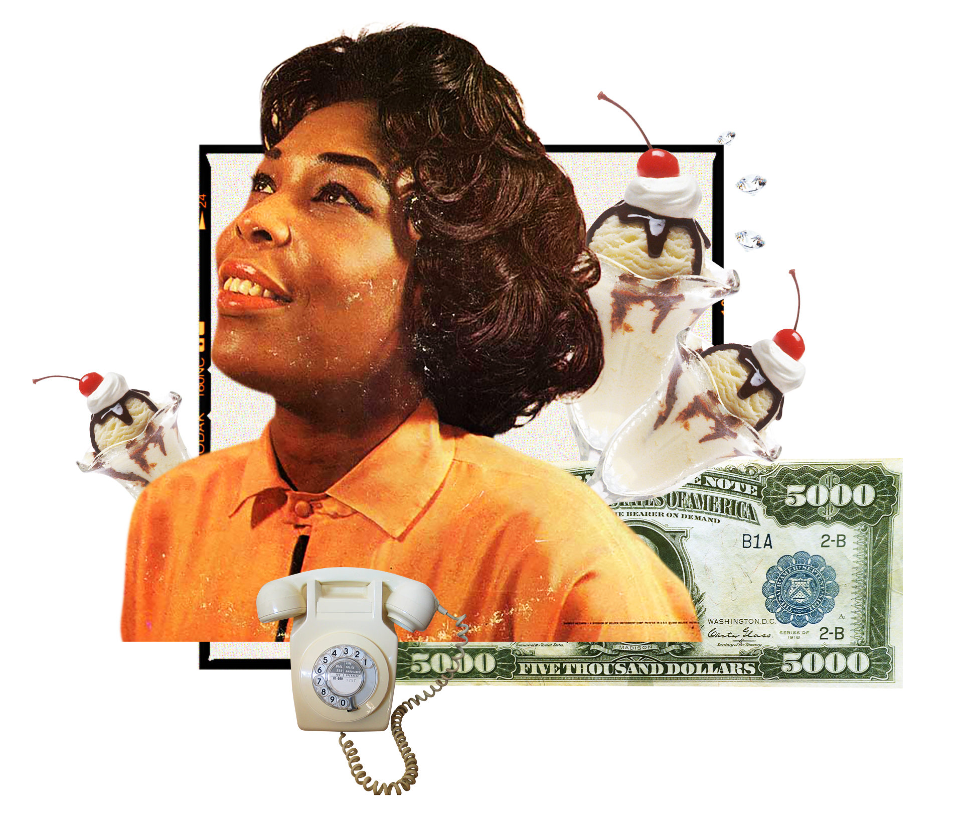 collage of a woman looking up with money and diamonds and a phone