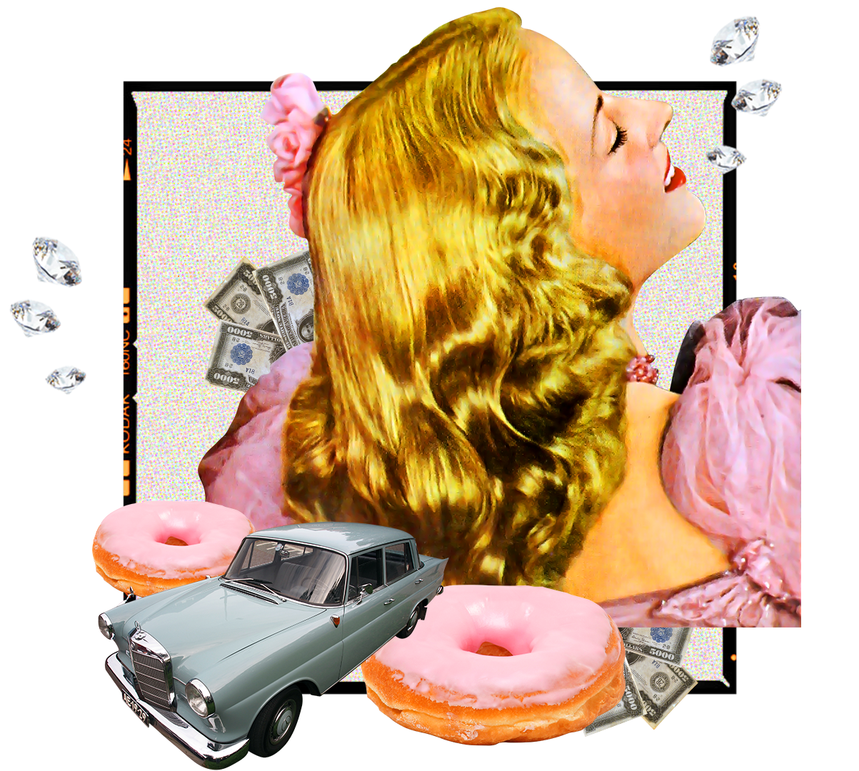 collage of woman with diamonds money and cars
