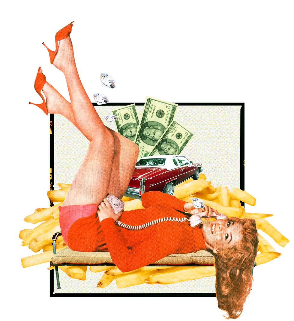 collage of woman talking on the phone on a bed of fries
