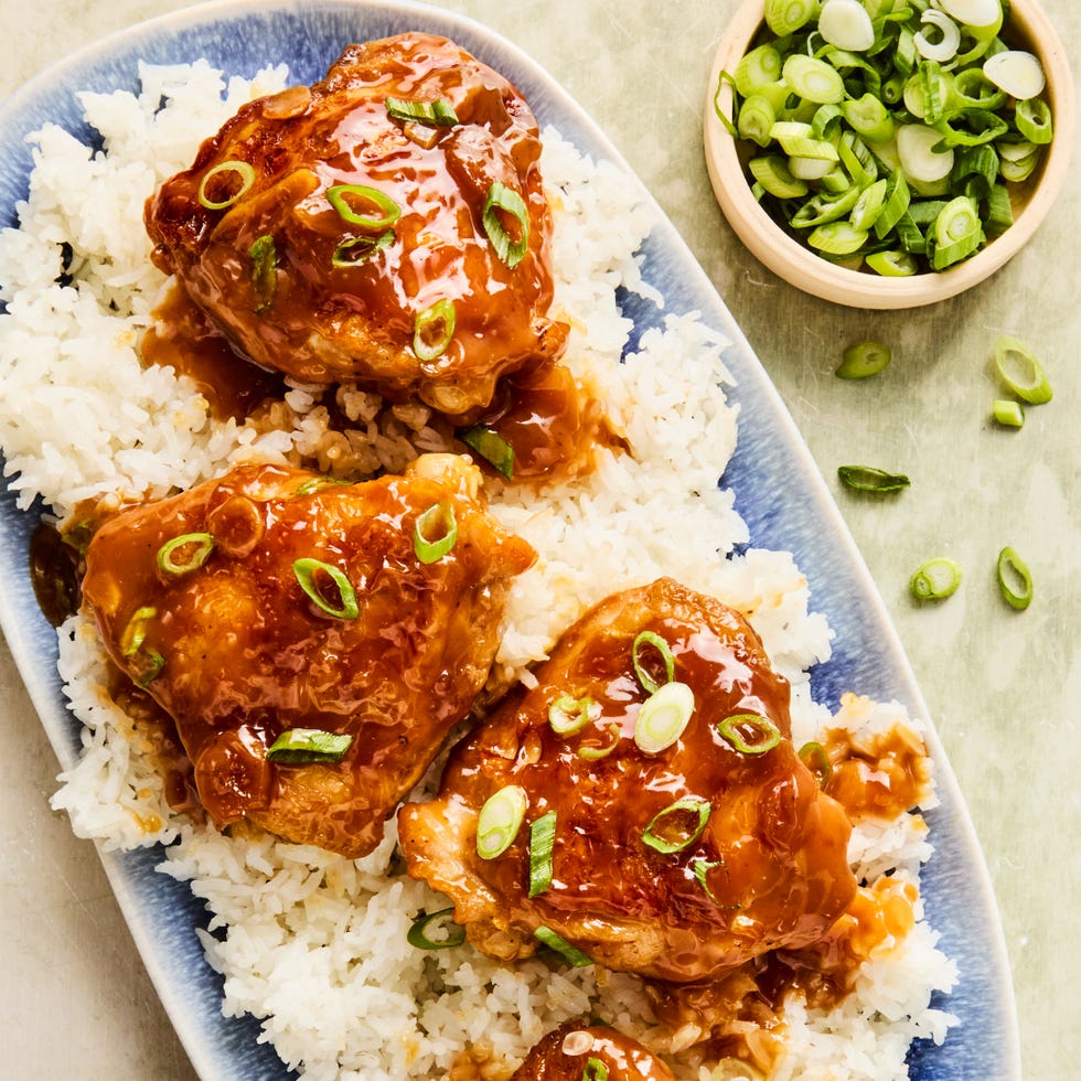 hawaiian shoyu chicken topped with sliced scallions