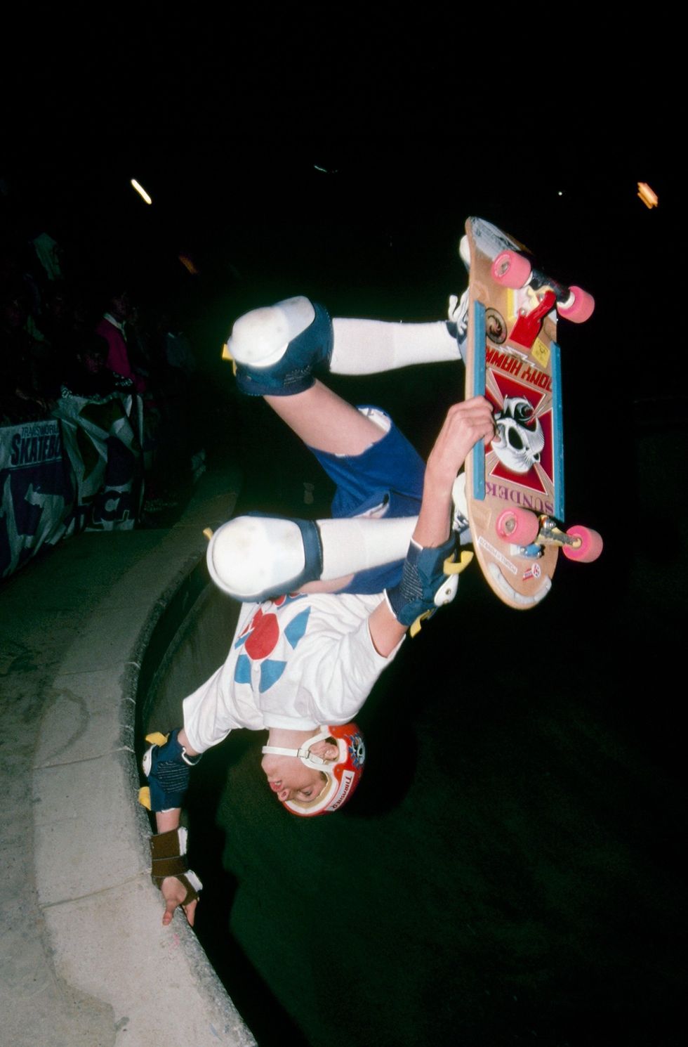 del mar, ca   april 1985  tony hawk, riding for powell peralta skateboards, does an invert as he competes in the national skateboarding association event at the del mar skate ranch in april 1985 in del mar, california  photo by doug pensingergetty images