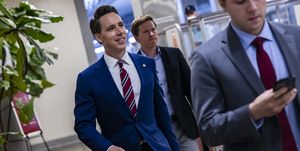 washington, dc   august 10 us sen josh hawley r mo walks through the basement of the us capitol building on august 10, 2021 in washington, dc the senate voted 69 30 to pass the $1 trillion infrastructure bill today before moving on to budgetary resolutions photo by samuel corumgetty images  local caption  josh hawley