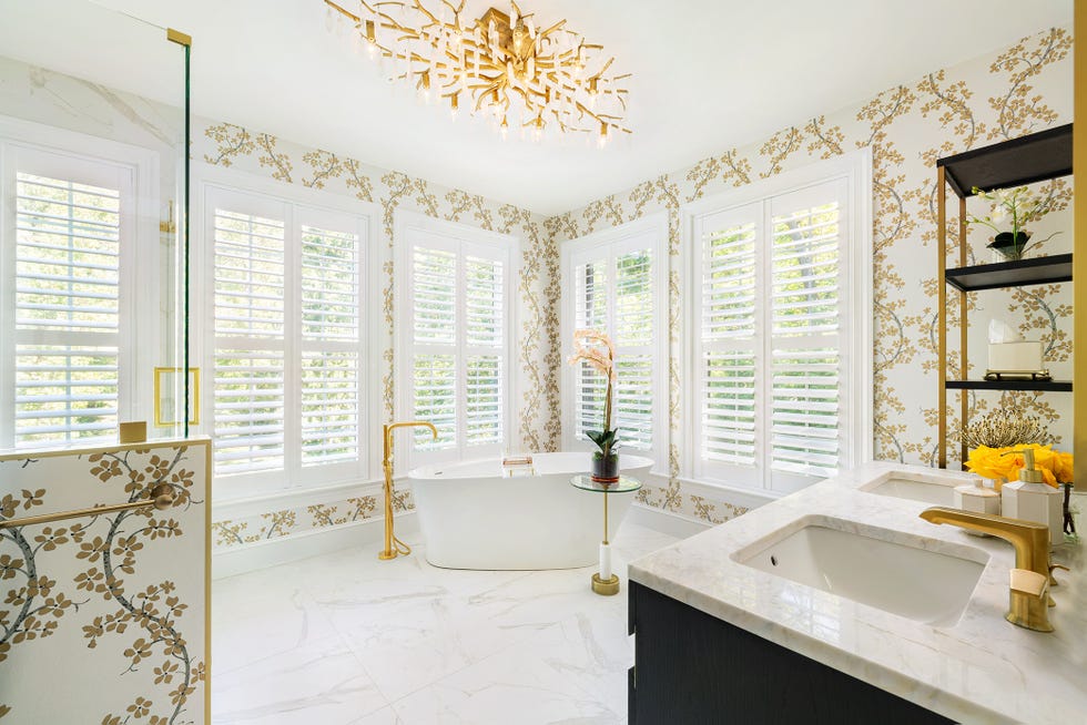 bathroom in whites and golds