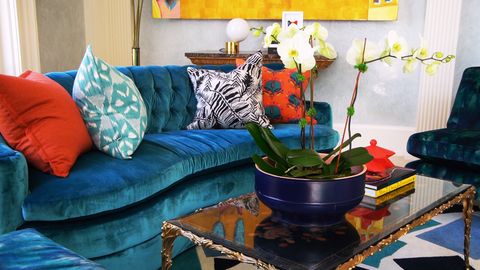 Living room, Blue, Couch, Room, Furniture, Turquoise, Houseplant, Coffee table, Interior design, Table, 