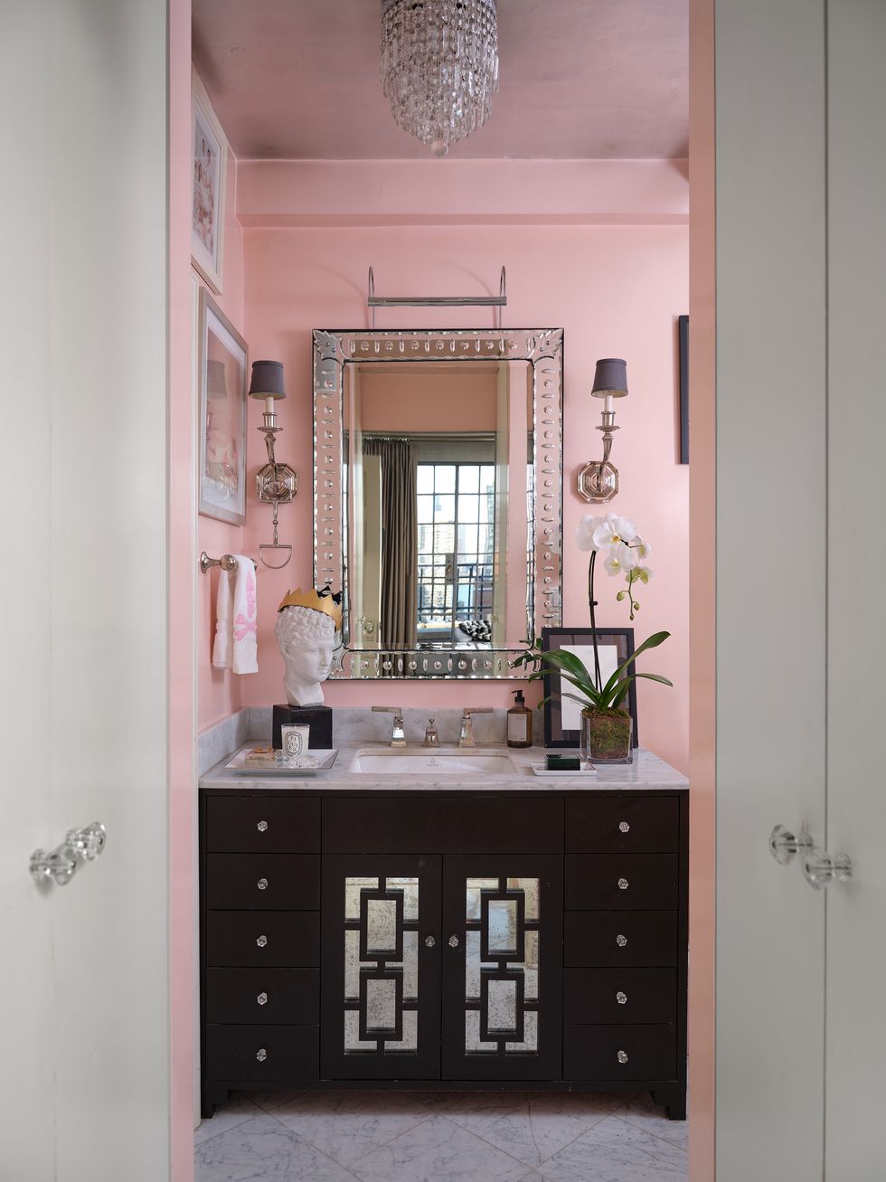 pink bathroom with vanity