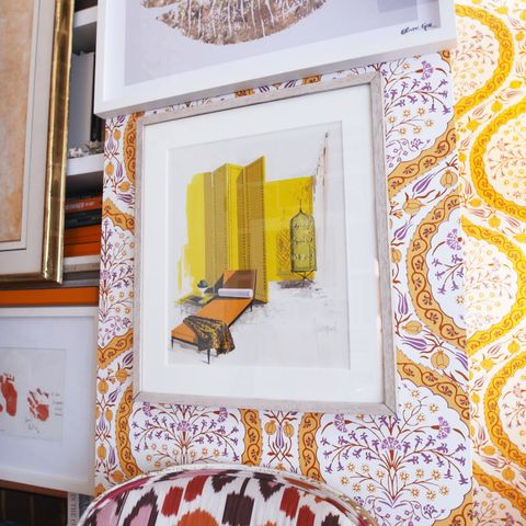 Yellow, Room, Wall, Orange, Interior design, Design, Wallpaper, Textile, Furniture, Art, 